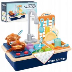 Žaislinė virtuvės kriauklė su indais ir bėgančiu vandeniu Blue